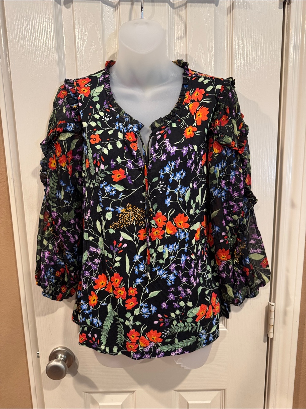 Anthro Maeve Black and colorful floral blouse. Sz Small